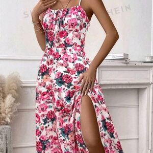 SHEIN Floral Printed Pleated & Knotted & High Slit Spaghetti Strap Dress, Medium